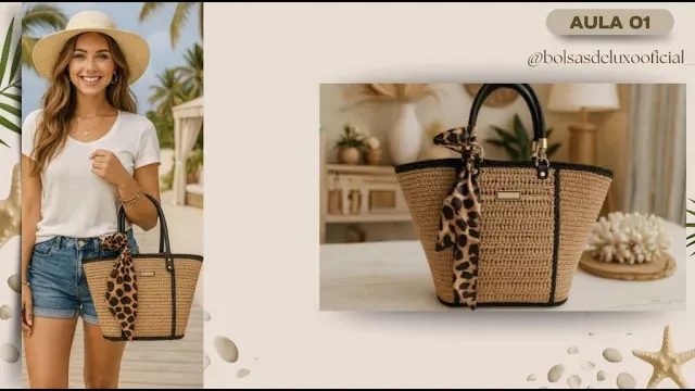 Bolsa de ráfia com moldura preta