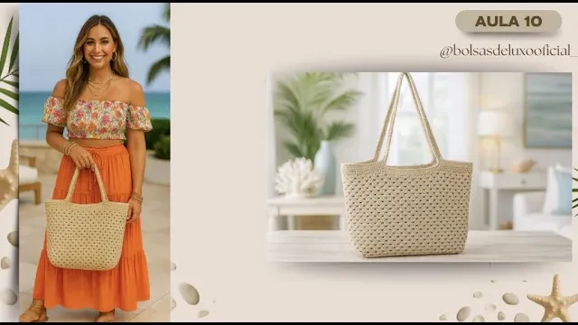 Bolsa de praia com ponto granny e alças de crochê