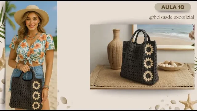 Bolsa de praia com quadradinhos de crochê