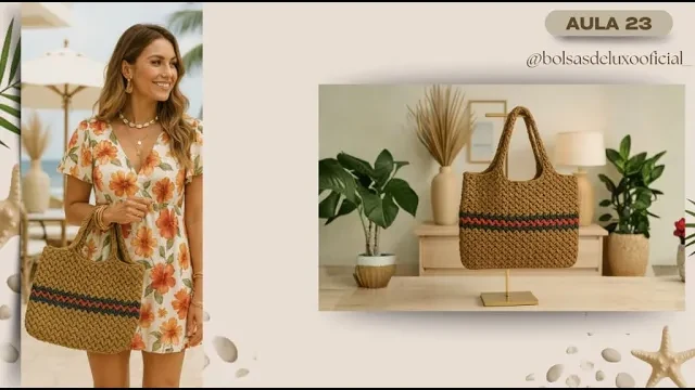 Bolsa craft com detalhes verde e vermelho