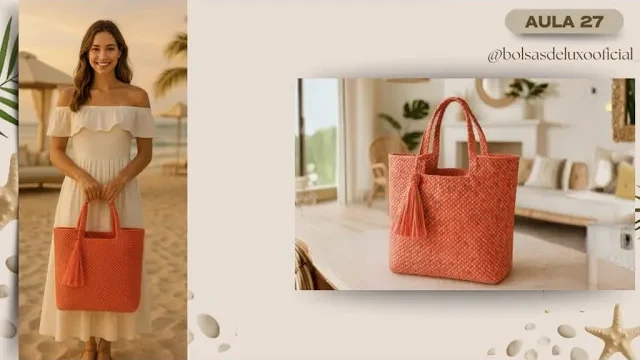 Bolsa de ráfia degradê com base de madeira