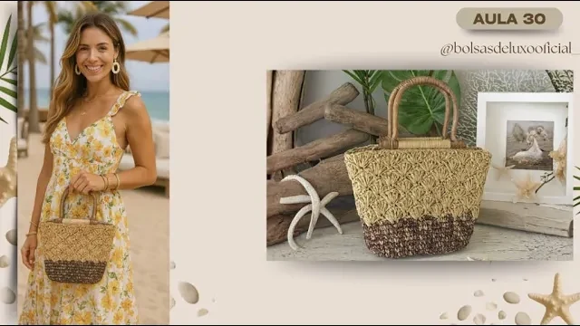 Bolsa de sisal com ponto leque e alça de madeira