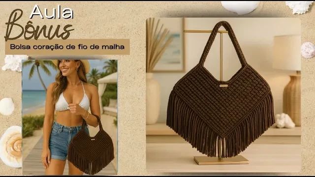 Bolsa coração de fio de malha com franjas